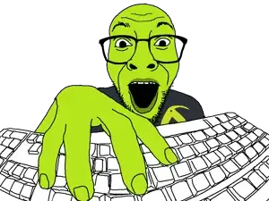 darren, 1soyjak, bald, black eyes, front view, gaping mouth, glasses, green skin, keyboard, kiwifarms