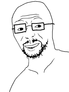 jusolt, 1soyjak, bald, black eyes, excited, glasses, half body, half open mouth, looking to the right, mustache