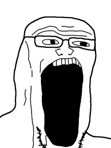 markiplier soyjak, plieroid, 1soyjak, bald, black eyes, forehead lines, gaping mouth, glasses, half body, looking to the right