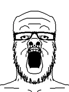 a24 slowburn soyjak, 1soyjak, bald, eyebrows, front view, glasses, lips, looking up, mirrored, monochrome