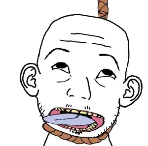 satoko, 1soyjak, ack, bald, ears, front view, hanged, hanging, large mouth, looking up