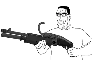chudjak, perceptive chud, arm, black hair, closed mouth, clothes, glasses, gun, hair, half closed eyes