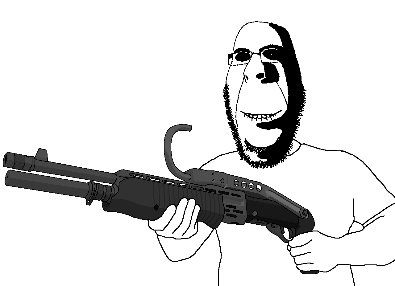 rapeson, cobson, hornyson, rapeson, 1soyjak, arm, bald, biting lip, clothes, gun