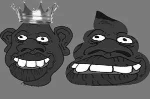 sheeeit, afro, big lips, black eyes, black hair, black skin, crown, front view, gray background, hair