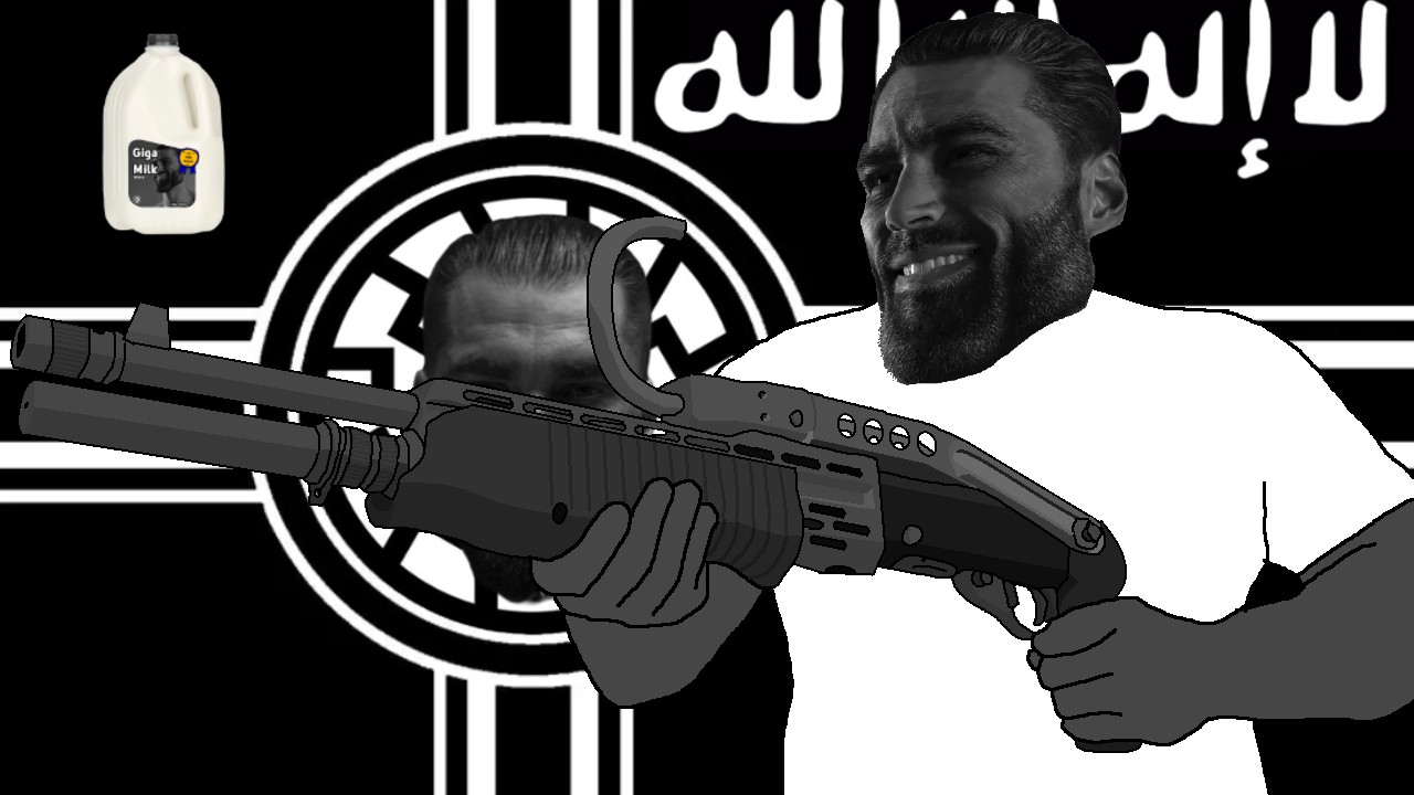 gigachad, gigamilk, beard, black background, black hair, buff, food, gray skin, gun, hair