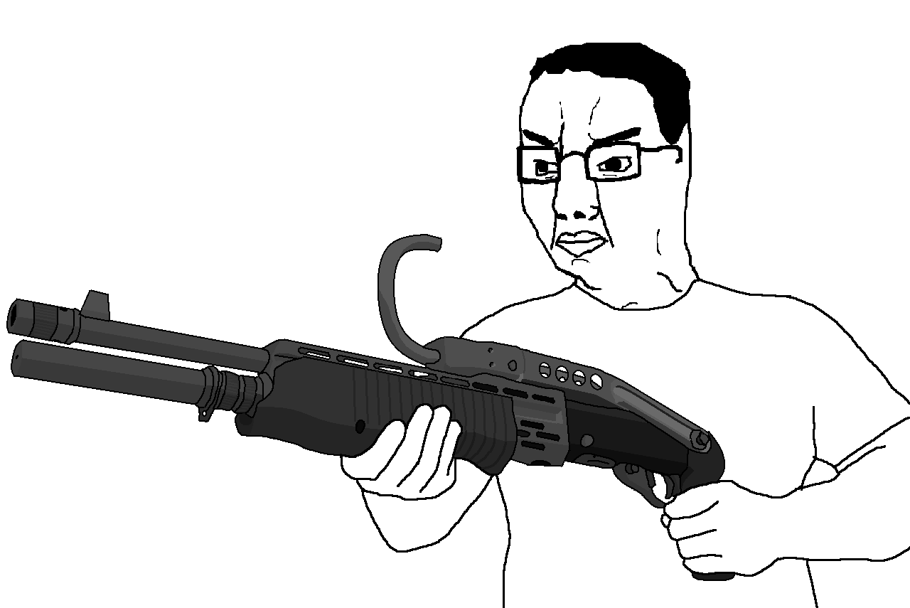 chudjak, arm, bald, closed mouth, clothes, glasses, gun, hands, holding gun, holding object