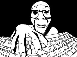 darren, rapeson, 1soyjak, bald, biting lip, black background, black eyes, black sclera, closed eyes, closed mouth