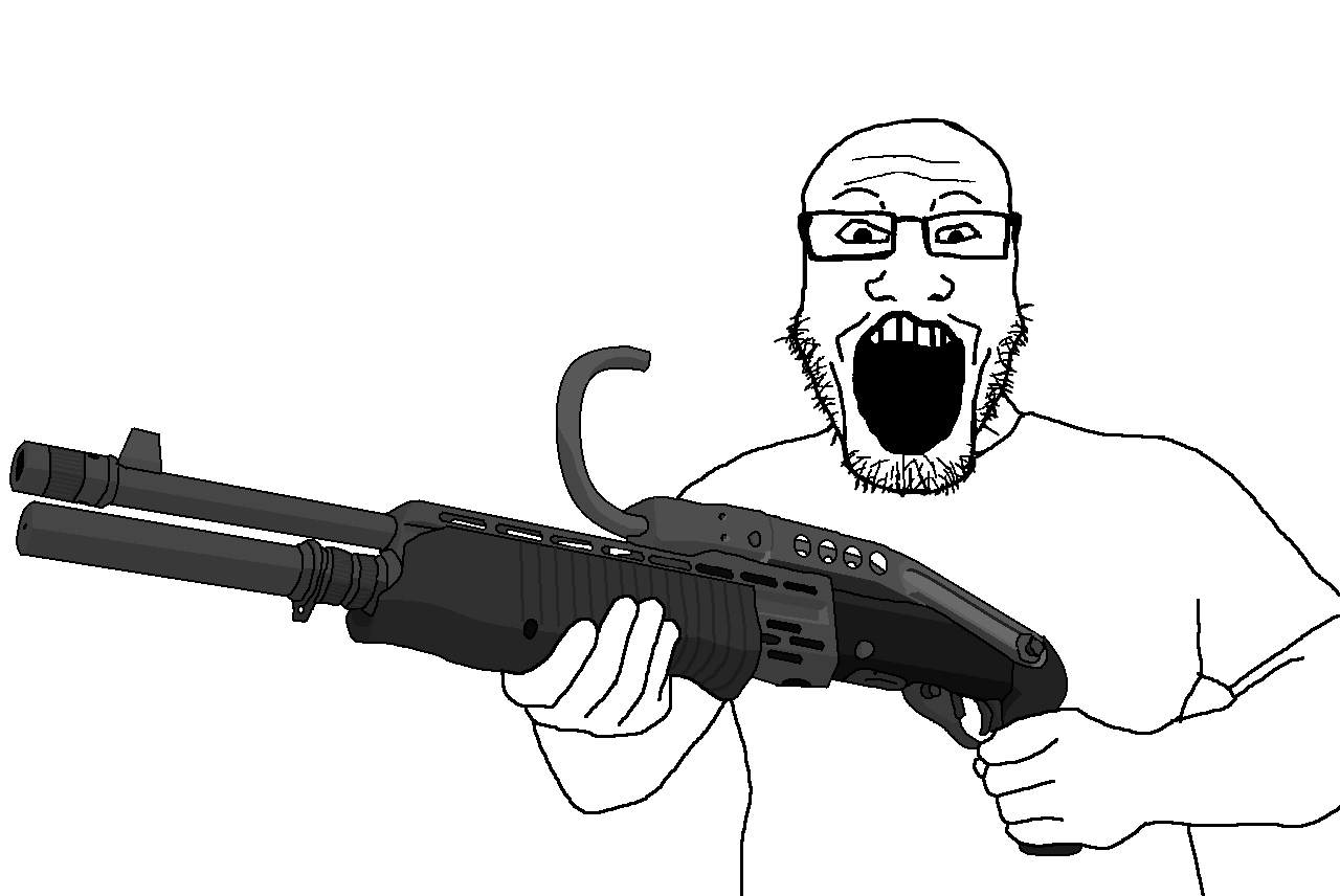 markiplier soyjak, arm, bald, closed mouth, clothes, ear, glasses, gun, hands, holding gun