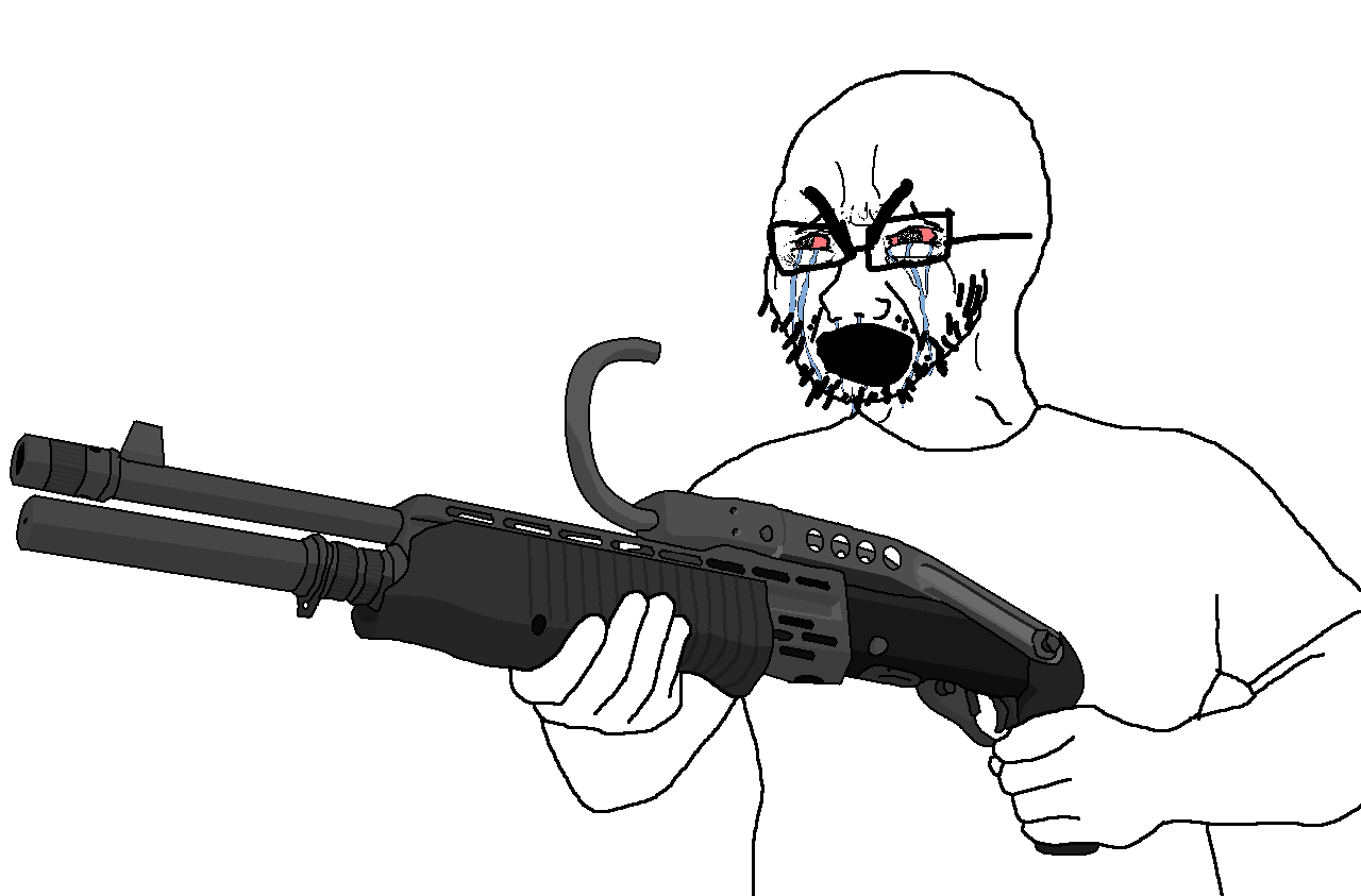 cryboy soyjak, angry, arm, bald, closed mouth, clothes, crying, ear, glasses, gun