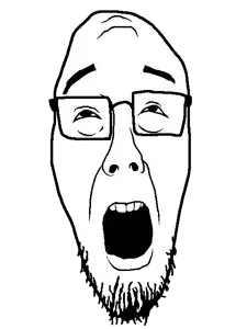alanjak, 1soyjak, bald, black eyes, crying, front view, gaping mouth, glasses, half closed eyes, head only