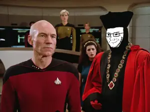 soyak, closed mouth, glasses, qanon, smile, smug, soyjak, star trek, stubble