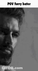 gigachad, anti furry, beard, buff, closed mouth, english text, furry, gifdb.com, goatee, gray skin