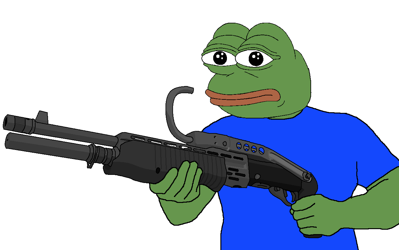 pepe, amphibian, animal, arm, closed mouth, clothes, frog, green skin, gun, hands