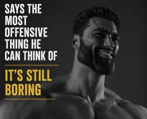 gigachad, beard, black eyes, black hair, buff, english text, gray background, gray skin, hair, half body