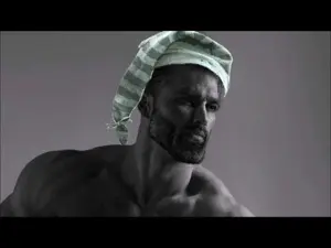 gigachad, beard, black eyes, black hair, buff, closed eyes, closed mouth, gray skin, hair, medium hair