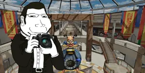 gapejak, massjak, wholesome soyjak, 1soyjak, 2006, black eyes, black hair, camera, capcom, closed mouth