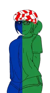 soyak, soygirl, femjak, soygirlfriend, 1soyjak, almost full body, black eyes, blue hair, blue skin, closed mouth