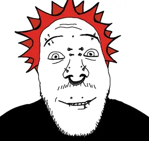 punkjak, 1soyjak, closed mouth, front view, liberty spikes, looking at you, medium hair, mustache, no glasses, open eyes