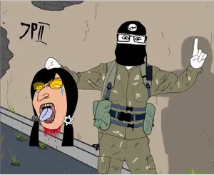 markiplier soyjak, 2soyjaks, ack, beheaded, black hair, brown skin, camo, crying, drawn background, front view