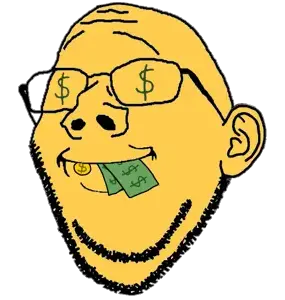 impish, closed mouth, coin, dollar sign, ear, emoticon, glasses, money, smile, soyjak