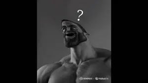 gigachad, buff, confused, dumb, dumbass, gray skin, open eyes, open mouth, question mark, retard
