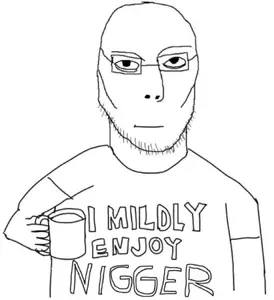jasonjak, 1soyjak, almost full body, bald, black eyes, closed mouth, coffee, cup, drawn background, drink
