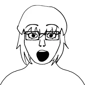 soyak, soygirl, soygirl front, femjak, 1soyjak, black eyes, female, front view, gaping mouth, glasses