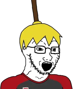 nate higgers, soyak, natejak, 1soyjak, badge, black eyes, blonde hair, bowl cut, broom, clothes