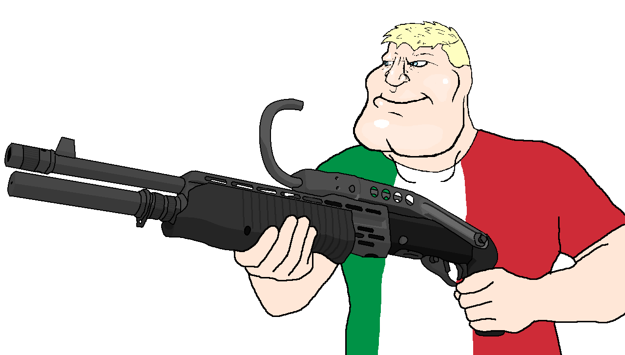 tacoblimp, mexigemmy, gemmy, a10 eyes, arm, blonde hair, blue eyes, buff, clothes, gun