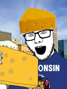 boxson, 1soyjak, black eyes, blonde hair, blue sky, box, building, cheese, cheese hat, food