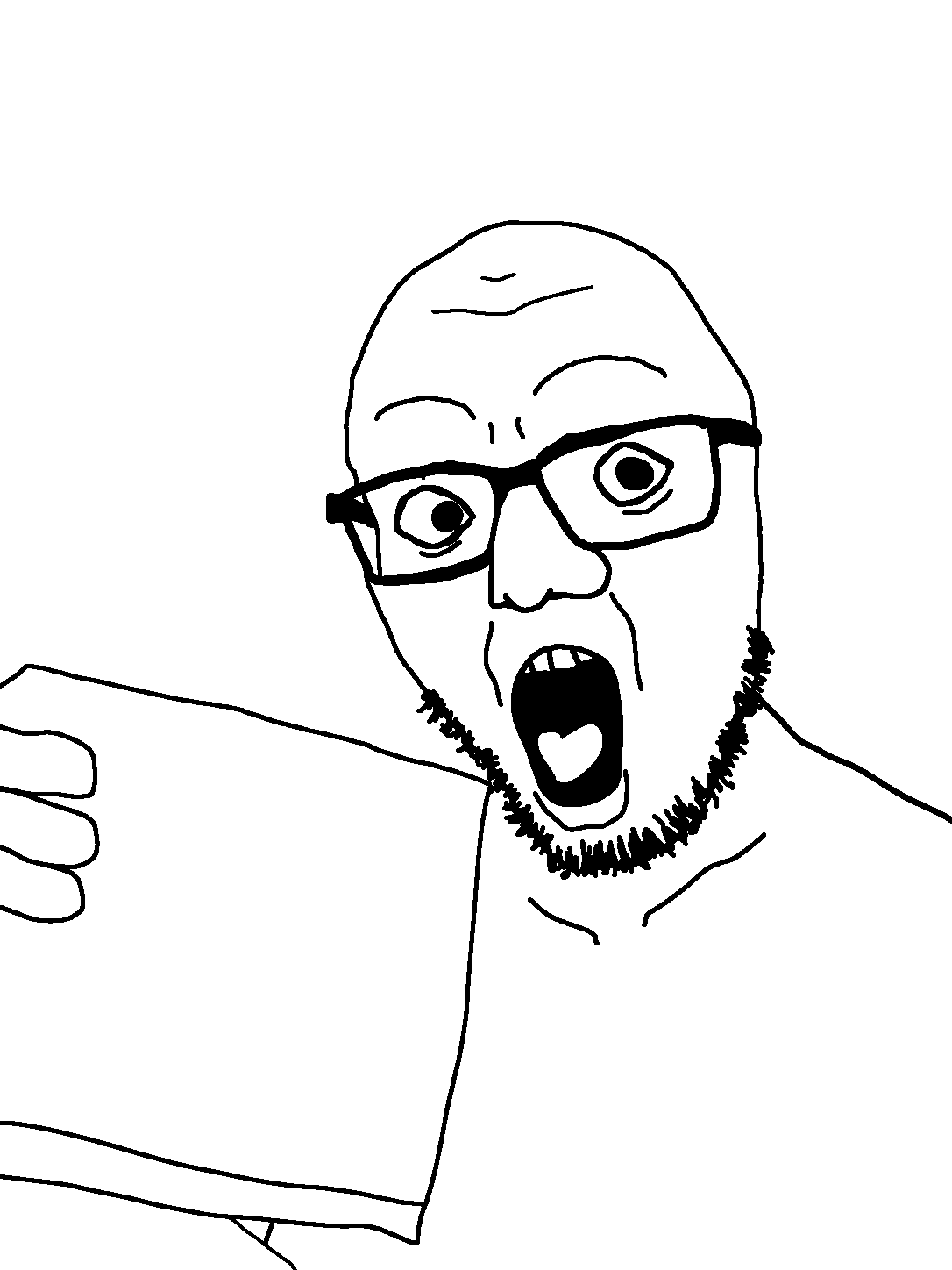 boxson, 1soyjak, bald, black eyes, forehead lines, gaping mouth, glasses, half body, holding object, looking at you