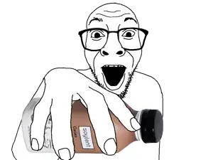 darren, 1soyjak, bald, black eyes, drink, excited, eyebrows, front view, gaping mouth, glasses