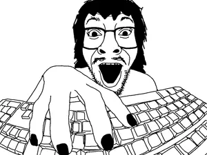 darren, 1soyjak, black eyes, black hair, eyelashes, front view, gaping mouth, glasses, hair, half body