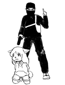 glegle, chudjak, 1soyjak, angry, balaclava, black hair, finger, front view, full body, gun to head