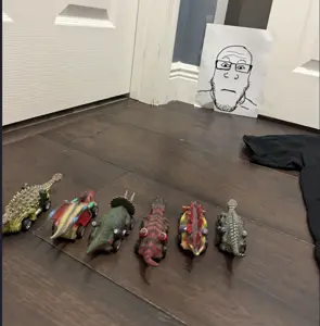 markiplier soyjak, neutralplier, irl soyjaks, 1soyjak, autism, bald, black eyes, car, closed mouth, dinosaur