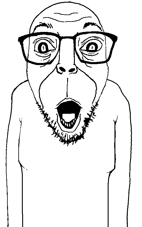 darren, warren, 1soyjak, bald, big eyes, bottom teeth, deformed version, eyebags, eyes popping, front view