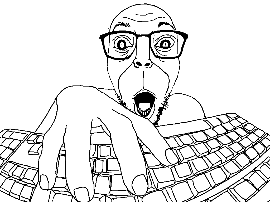 darren, warren, 1soyjak, bald, black eyes, front view, gaping mouth, glasses, hands, keyboard