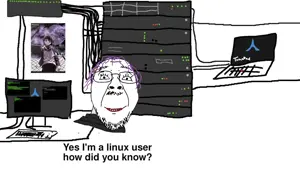 yes chad, bernd, 1soyjak, arch linux, black eyes, closed mouth, computer, front view, glasses, hair