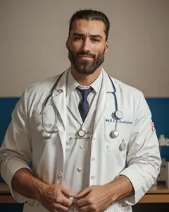 gigachad, beard, black hair, brown eyes, buff, closed mouth, doctor, front view, hair, half body