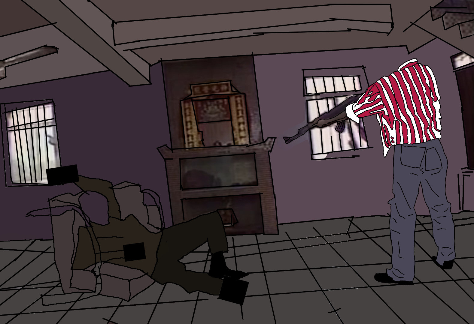 2soyjaks, censored, dead, fireplace, front view, full body, gun, irl background, laying down, looking down