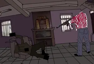 2soyjaks, censored, dead, fireplace, front view, full body, gun, irl background, laying down, looking down