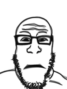 markiplier soyjak, neutralplier, 1soyjak, black eyes, closed mouth, front view, glasses, looking at you, monochrome, neutral