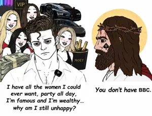 wojak, yes chad, it's based and christpilled, beard, blonde hair, brown hair, car, chest hair, christpill, depressed