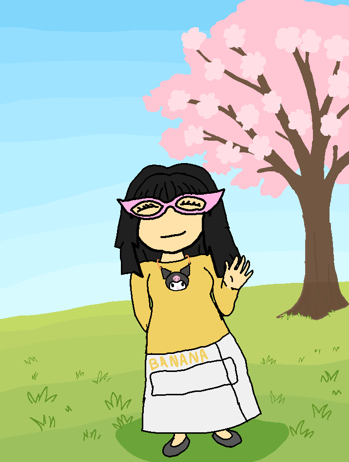 kuromi (sanrio), soychang, soytan, bangs, black hair, black shoes, blue sky, cherry blossom, closed mouth, eyelashes