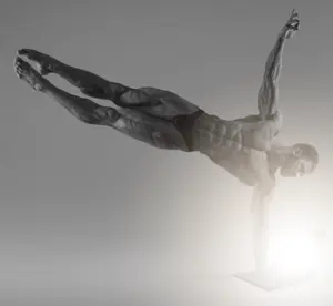 gigachad, buff, full body, gray background, gray skin, hair, laptop, light, looking to the left, no glasses