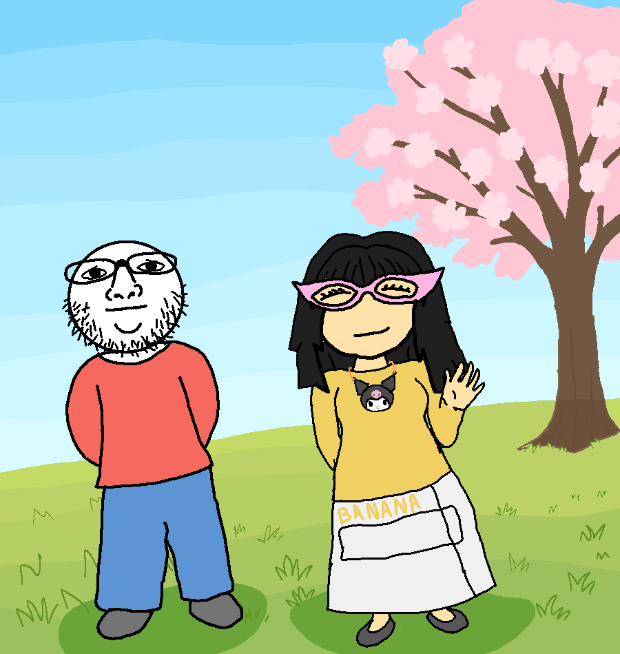 kuromi (sanrio), soychang, soytan, marney, 2soyjaks, bald, bangs, black hair, black shoes, blue jeans