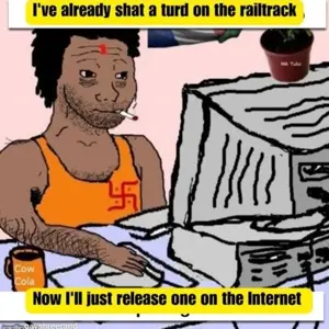 wojak, black hair, caption, closed mouth, computer, fat, hair, india, india is wonned, india was arian first