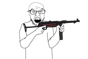 feraljak, angry, arm, bald, clothes, front view, glasses, gun, half body, hands