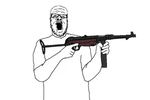 a24 slowburn soyjak, arm, bald, clothes, front view, glasses, gun, half body, hands, holding gun