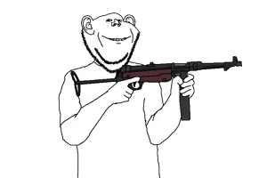 impish soyak ears, 1soyjak, arm, bald, clothes, ear, ears, front view, gun, half body